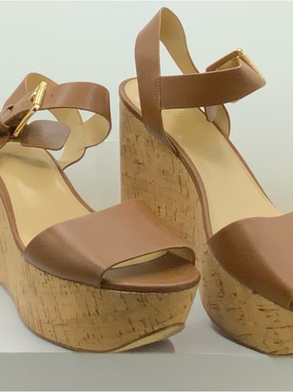 Michael Kors Brown Leather Cork Platform Wedge Sandals